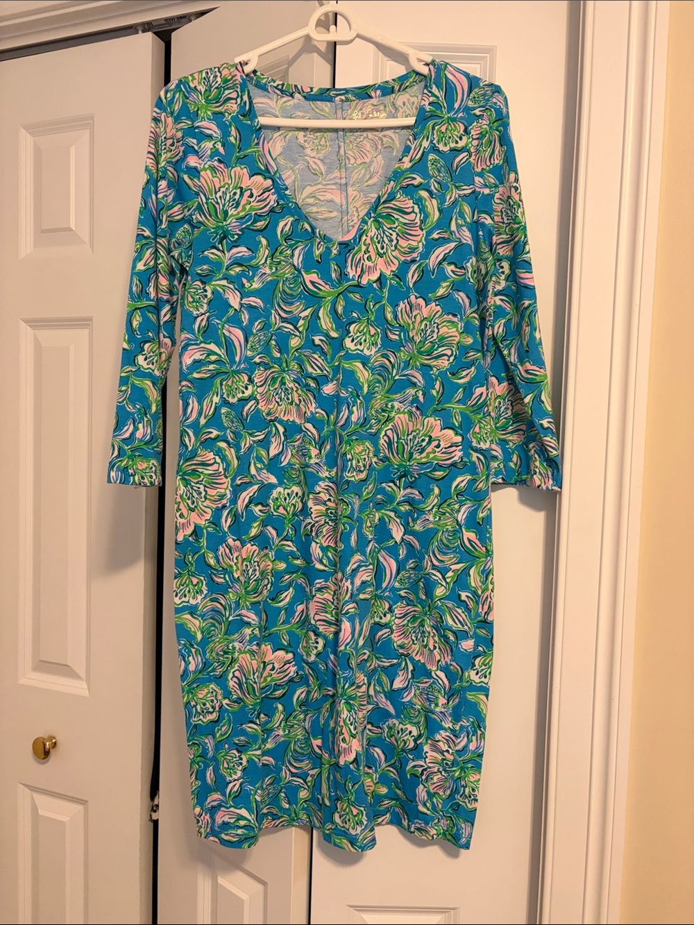 Lilly Pulitzer Turquoise Floral V-Neck Midi Dress with Pink and Green Accents